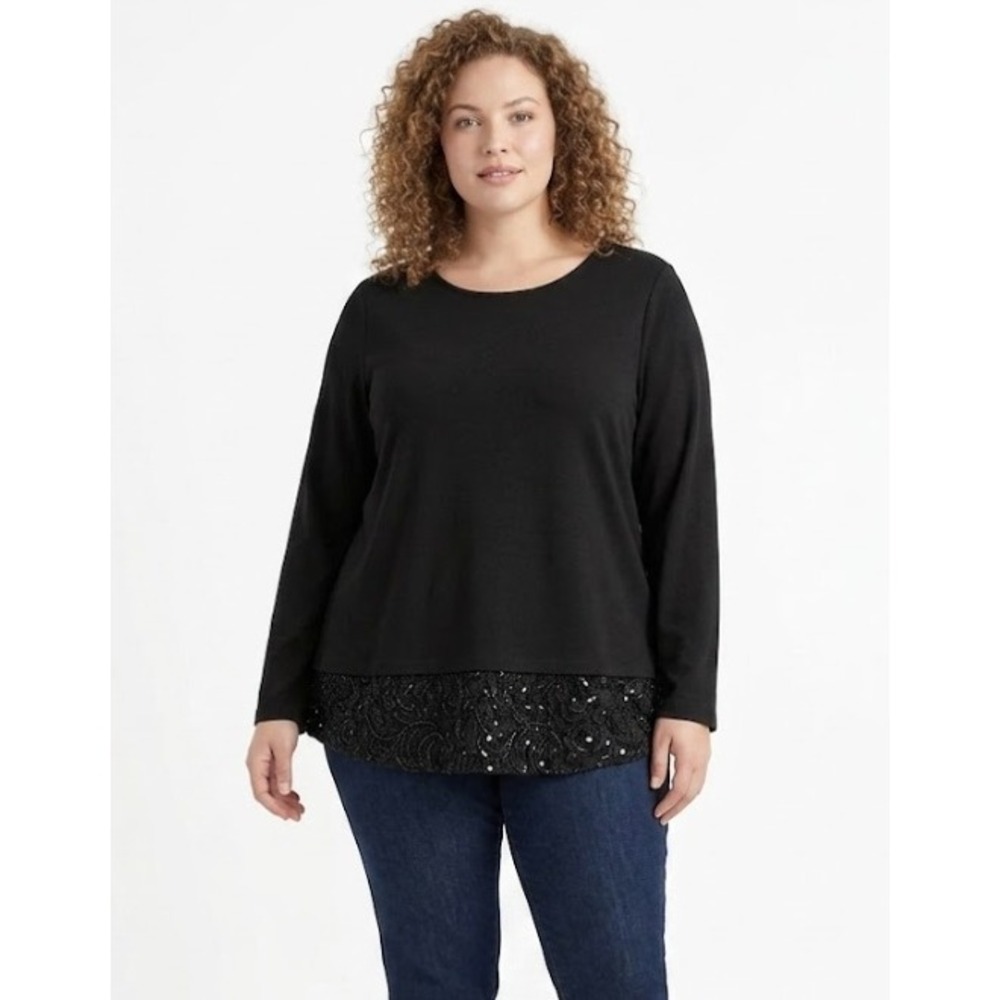 New Chico's size XL/3 Black Round Neck‎ Stretch Knit Lace Hem Pullover Top